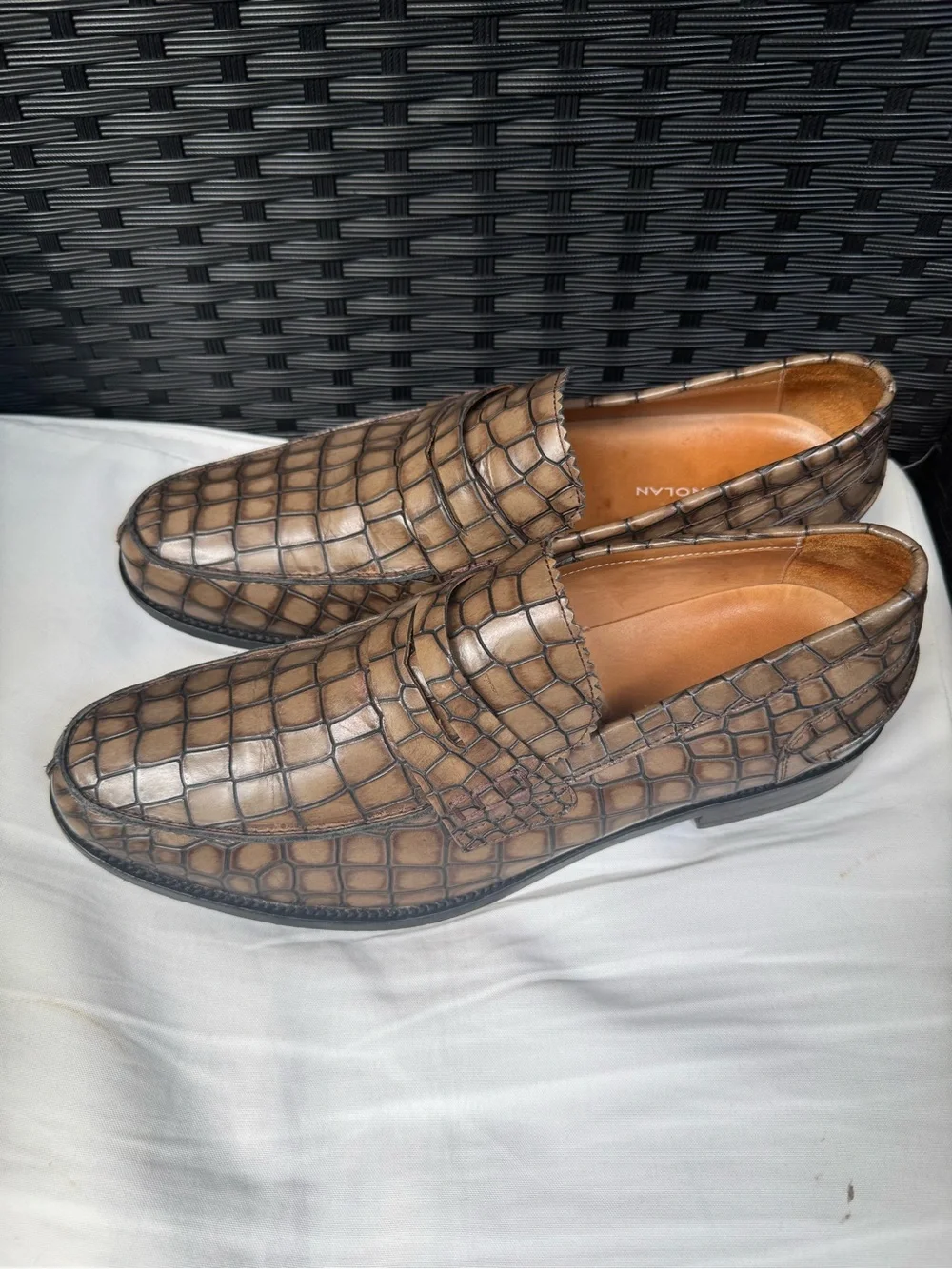 Marc Nolan Abe Crocskin Men's Exotic Penny Loafer Dress Shoes Sz 11 Brown Cream